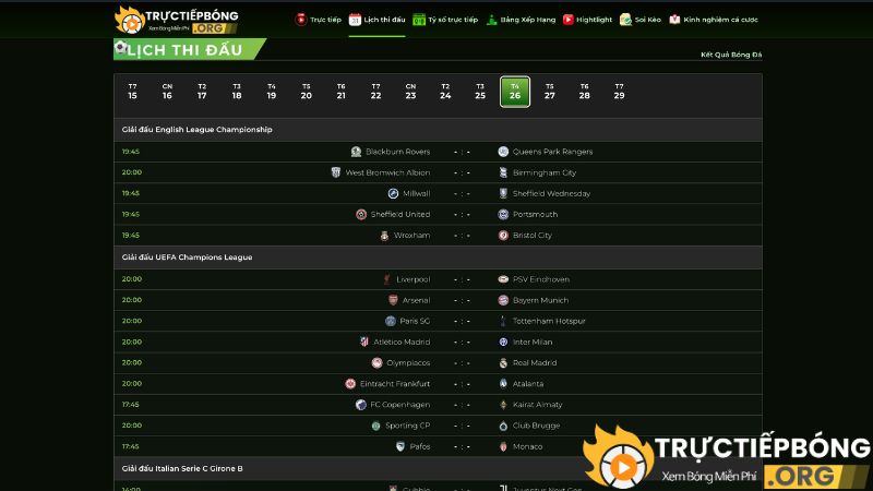 Hướng dẫn xem lịch thi đấu trên tructiepbong.org