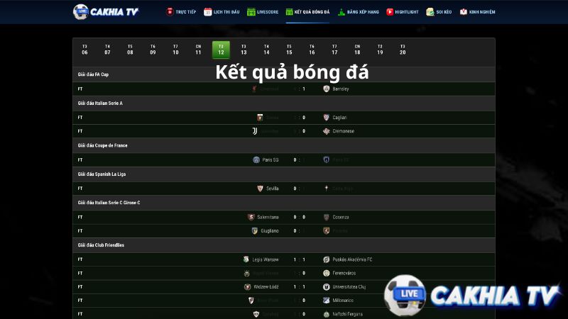 Cakhia TV cập nhật kết quả bóng đá mới nhất hôm nay