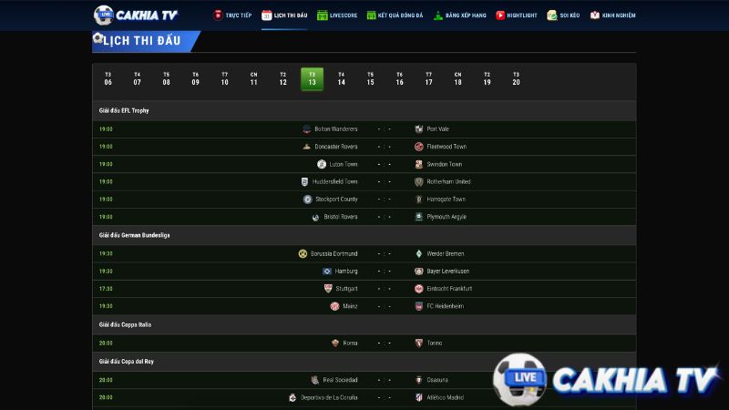 Những điểm nổi bật của lịch thi đấu tại Cakhia TV
